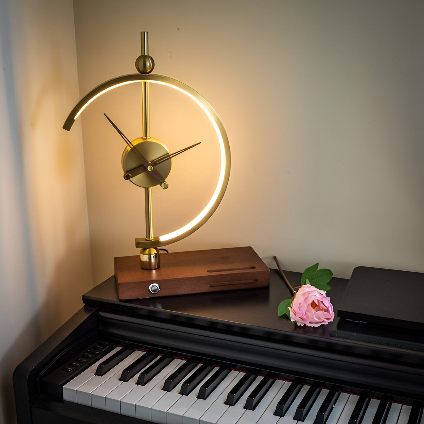 Geometric LED Table Lamp with Wireless Qi Charging and Gold Time Display