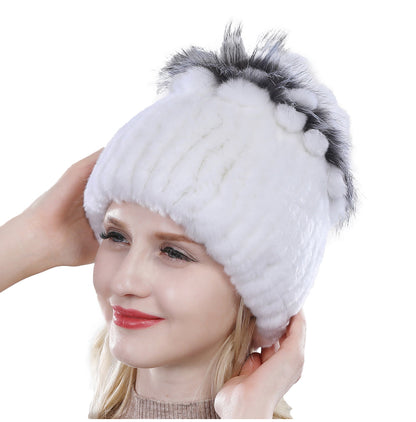 Furry Knit Beanie Hat for Women in Rabbit Fur