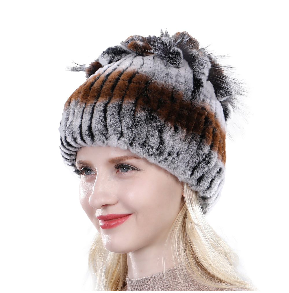 Furry Knit Beanie Hat for Women in Rabbit Fur