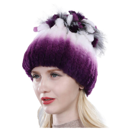 Furry Knit Beanie Hat for Women in Rabbit Fur