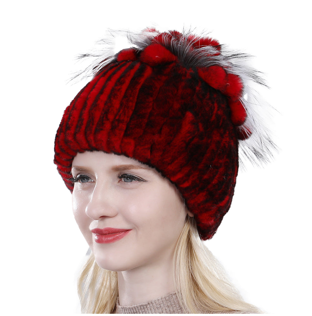 Furry Knit Beanie Hat for Women in Rabbit Fur