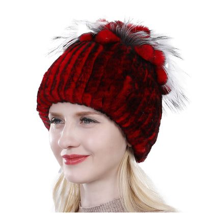 Furry Knit Beanie Hat for Women in Rabbit Fur