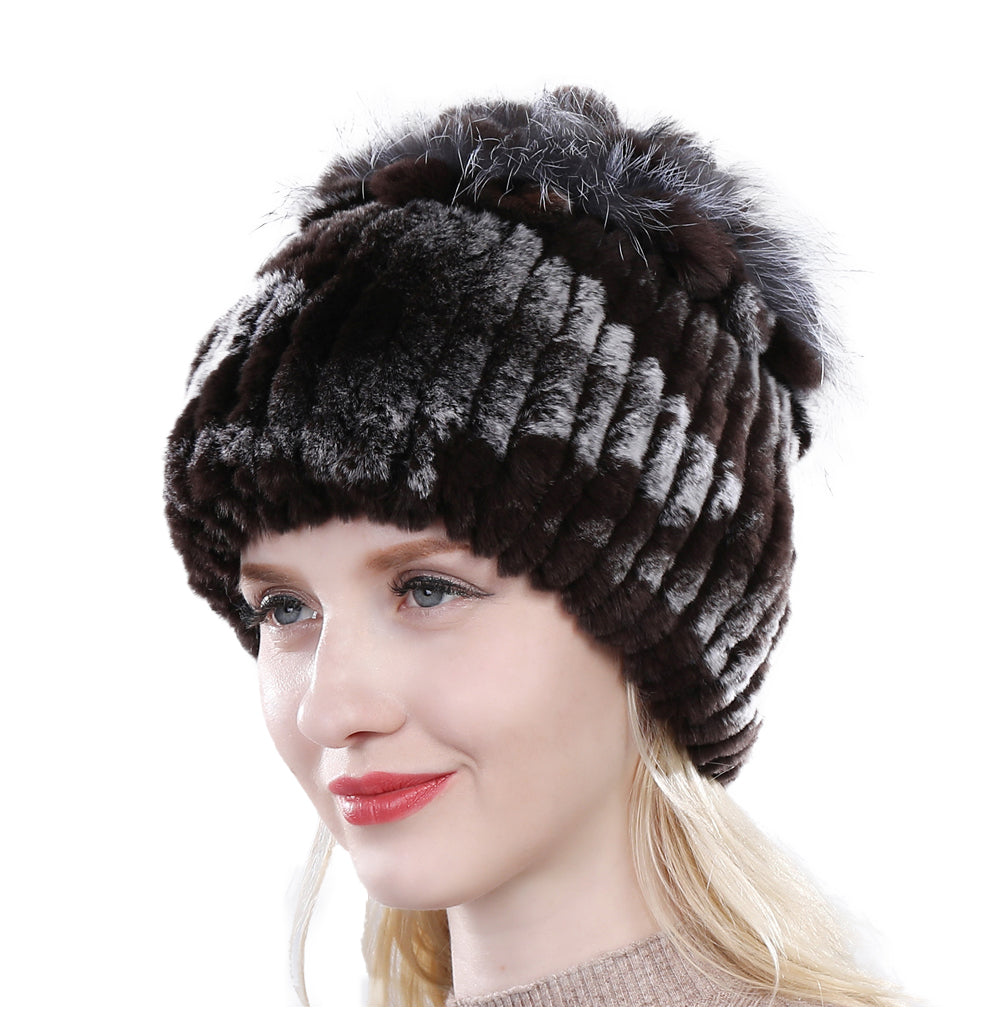 Furry Knit Beanie Hat for Women in Rabbit Fur