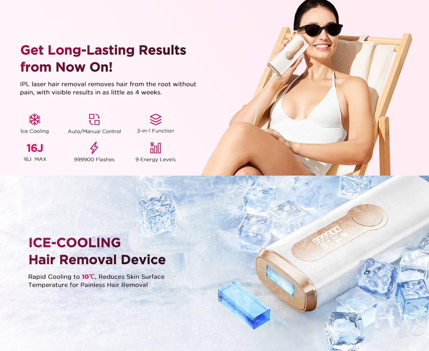 Hair Removal Device with 999,900 Flashes | 9 Energy Settings, Auto-Glide and Skin Sensor