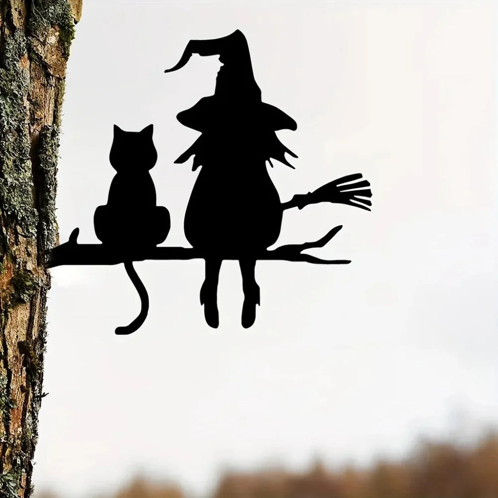 Outdoor Metal Garden Statue of a Witch and Cat Silhouette