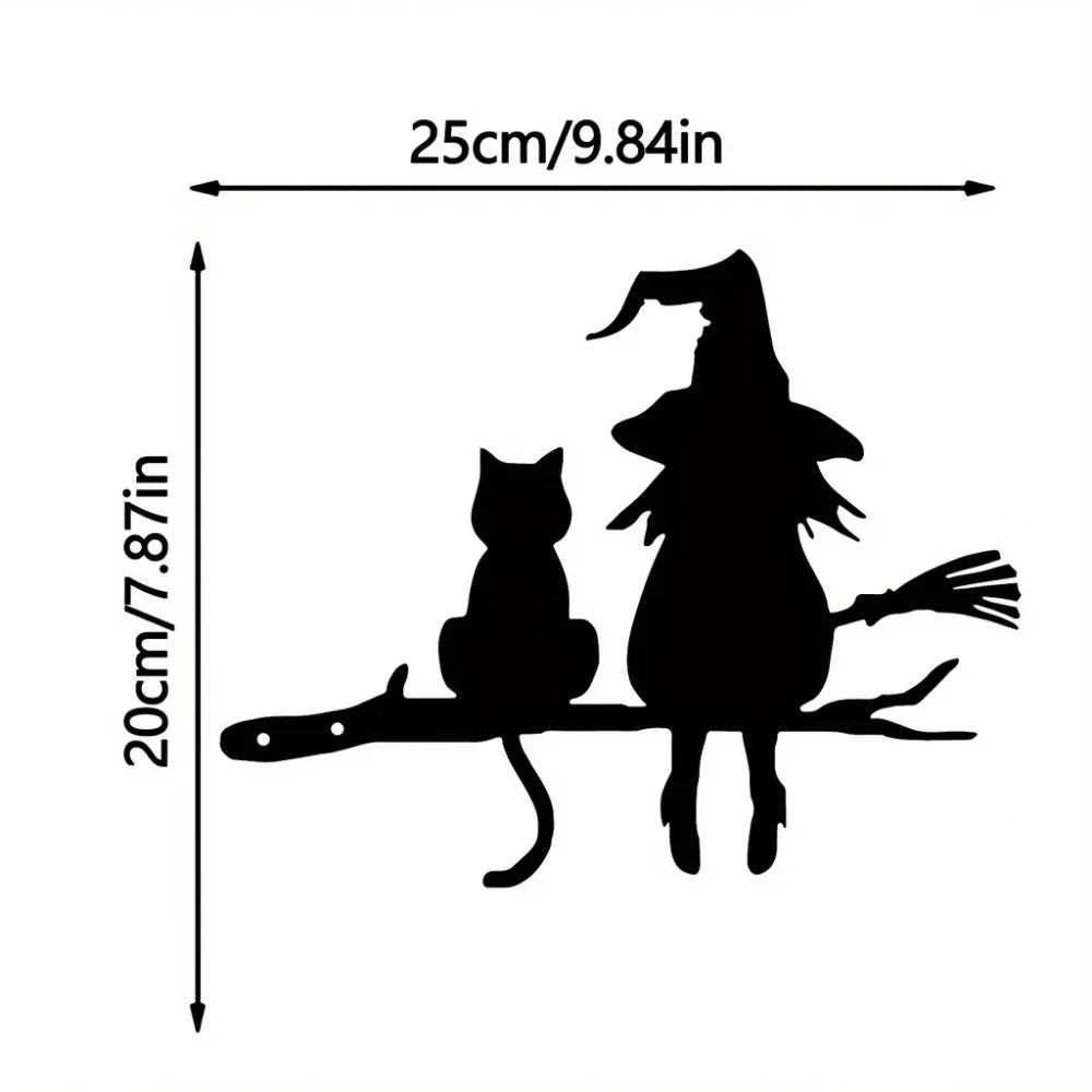 Outdoor Metal Garden Statue of a Witch and Cat Silhouette