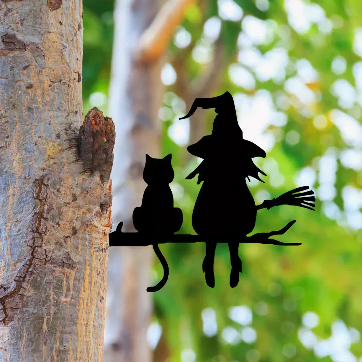 Outdoor Metal Garden Statue of a Witch and Cat Silhouette