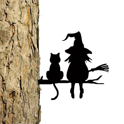 Outdoor Metal Garden Statue of a Witch and Cat Silhouette