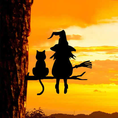 Outdoor Metal Garden Statue of a Witch and Cat Silhouette