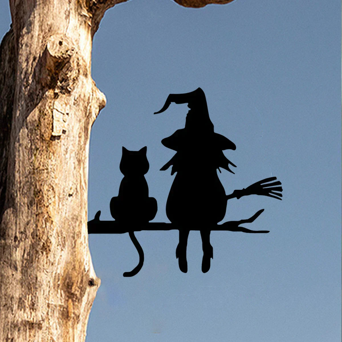 Outdoor Metal Garden Statue of a Witch and Cat Silhouette