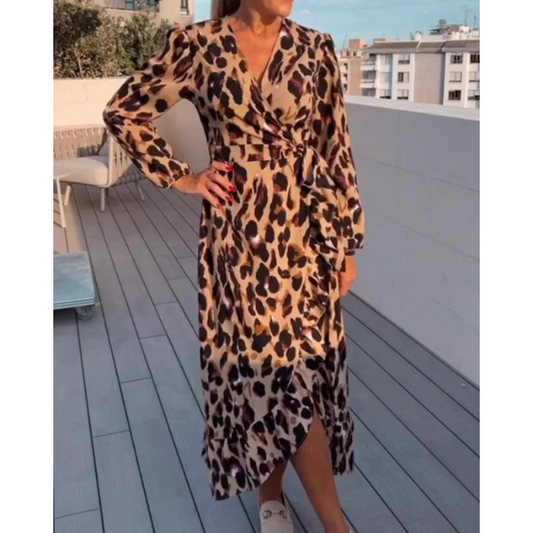 Chic A-Line Dress with V-Neck and Animal Print