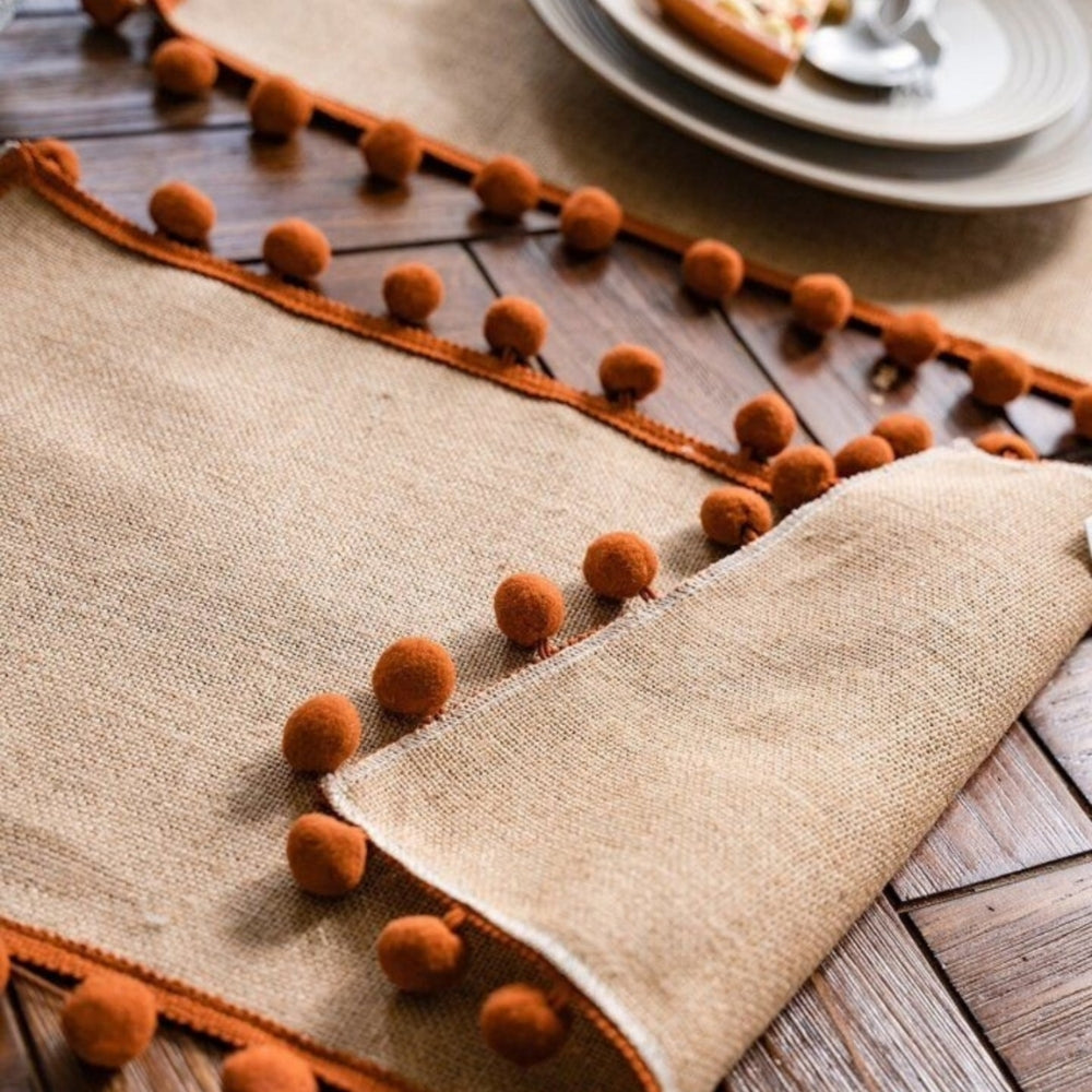 Chic Natural Fiber Table Runner with Pom-Pom Accents