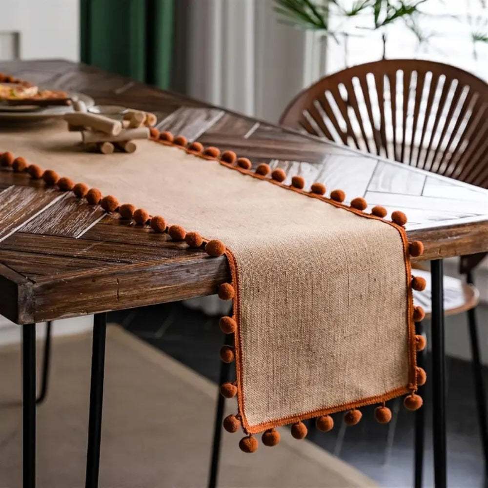 Chic Natural Fiber Table Runner with Pom-Pom Accents