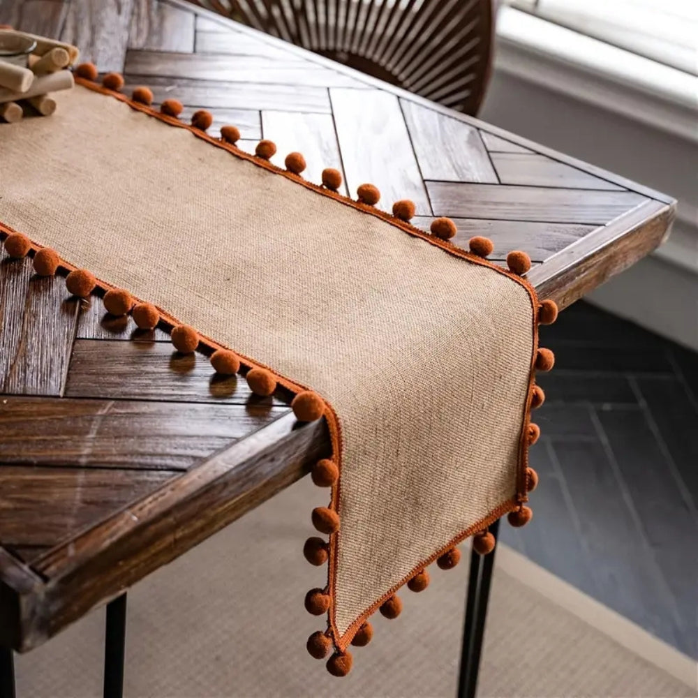 Chic Natural Fiber Table Runner with Pom-Pom Accents