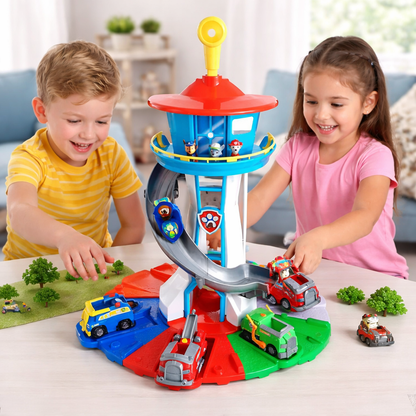 Kids Playset with Toy Car Track, Slide Tower, and Ramp Vehicles