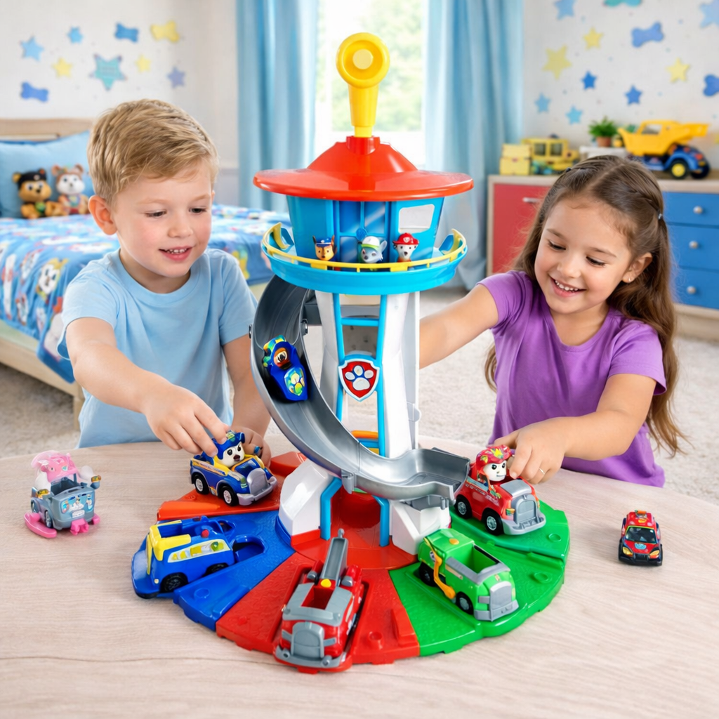 Kids Playset with Toy Car Track, Slide Tower, and Ramp Vehicles
