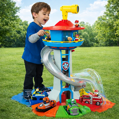 Kids Playset with Toy Car Track, Slide Tower, and Ramp Vehicles