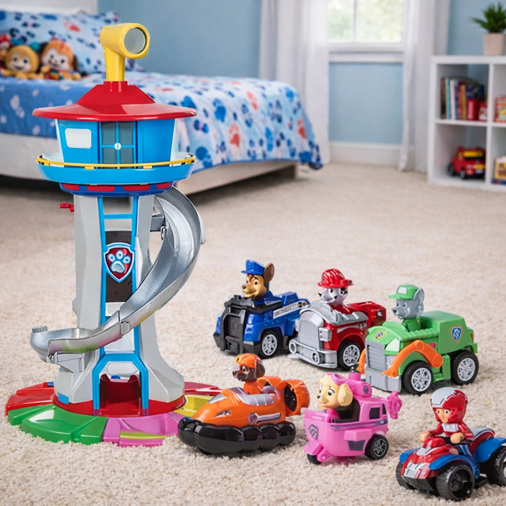 Kids Playset with Toy Car Track, Slide Tower, and Ramp Vehicles