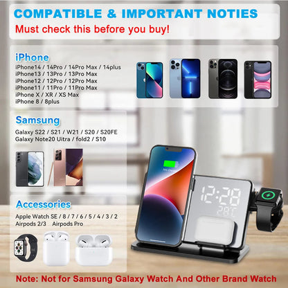 3-in-1 Fast Charging Dock with Clock – Wireless Charger for iPhone, Watch & AirPods