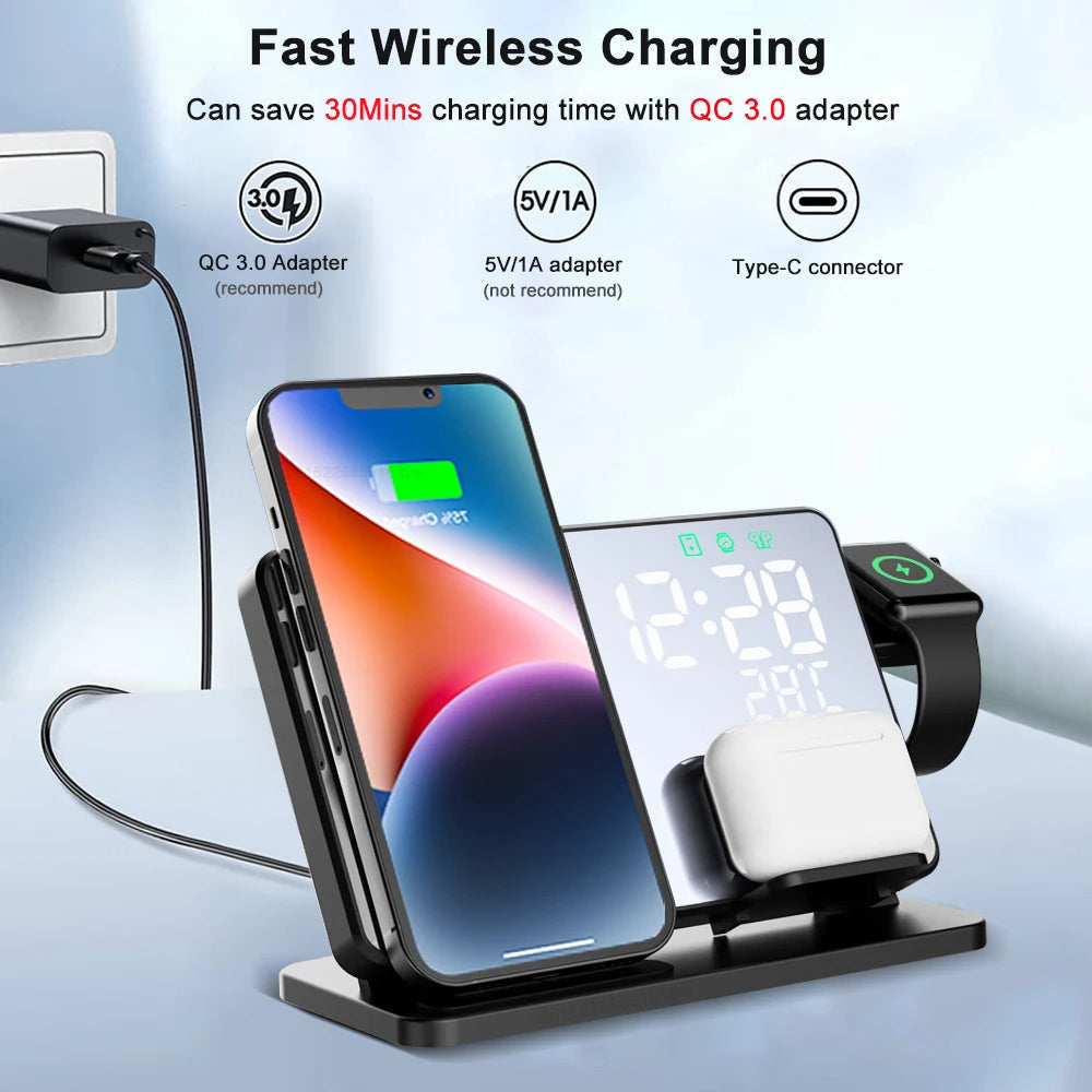 3-in-1 Fast Charging Dock with Clock – Wireless Charger for iPhone, Watch & AirPods