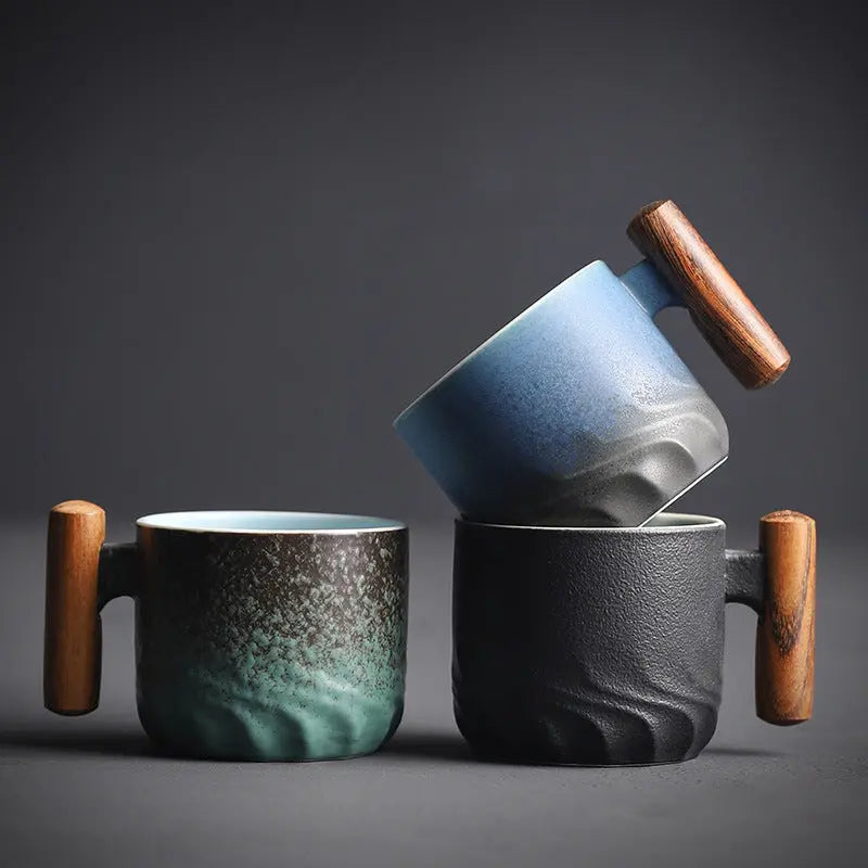 Elegant Artisan Coffee Mug with Wooden Handle