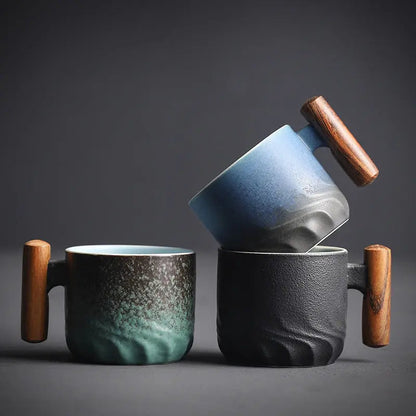 Elegant Artisan Coffee Mug with Wooden Handle