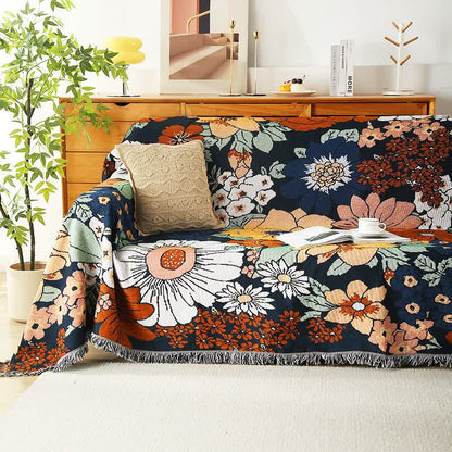 Cotton Sofa Cover with Floral Design and Elegant Fringe