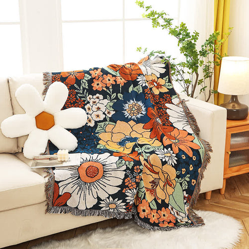 Cotton Sofa Cover with Floral Design and Elegant Fringe
