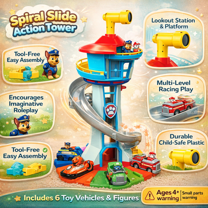 Kids Playset with Toy Car Track, Slide Tower, and Ramp Vehicles