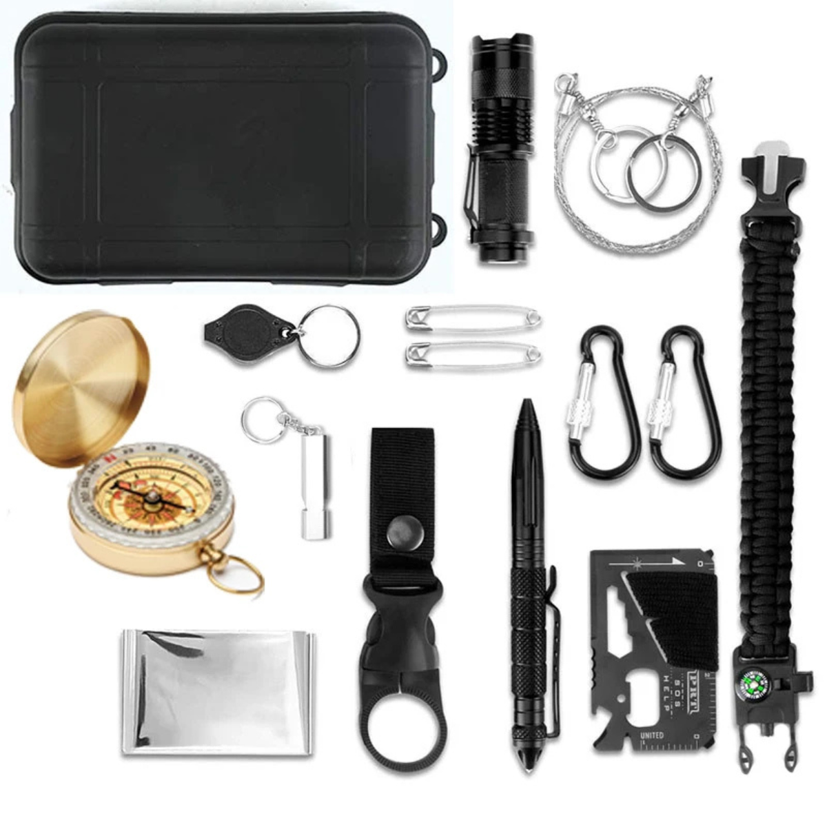Survival Kit with 12 Essential Tools for All-Terrain Use