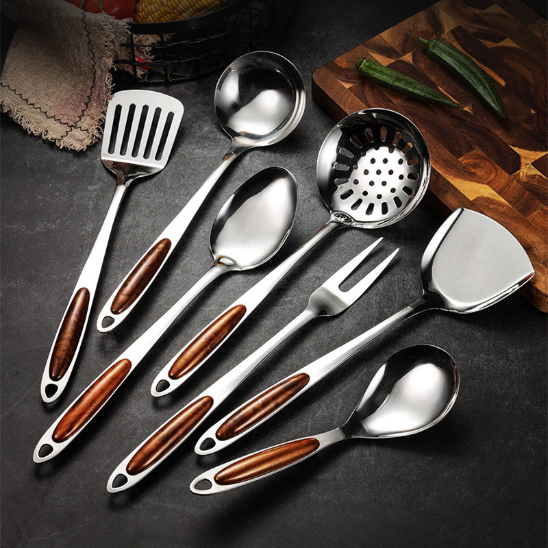 Kitchen Tools Set with Wooden Handles – Stainless Steel Utensils