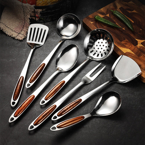 Kitchen Tools Set with Wooden Handles – Stainless Steel Utensils