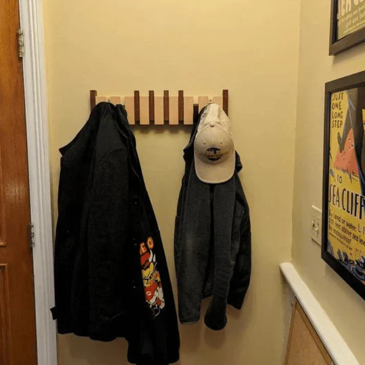 Elegant Wooden Coat Rack | Dual Tone Maple & Walnut | 8 Hooks