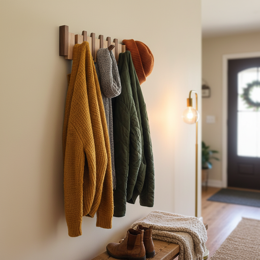 Elegant Wooden Coat Rack | Dual Tone Maple & Walnut | 8 Hooks
