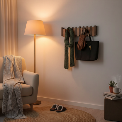 Elegant Wooden Coat Rack | Dual Tone Maple & Walnut | 8 Hooks