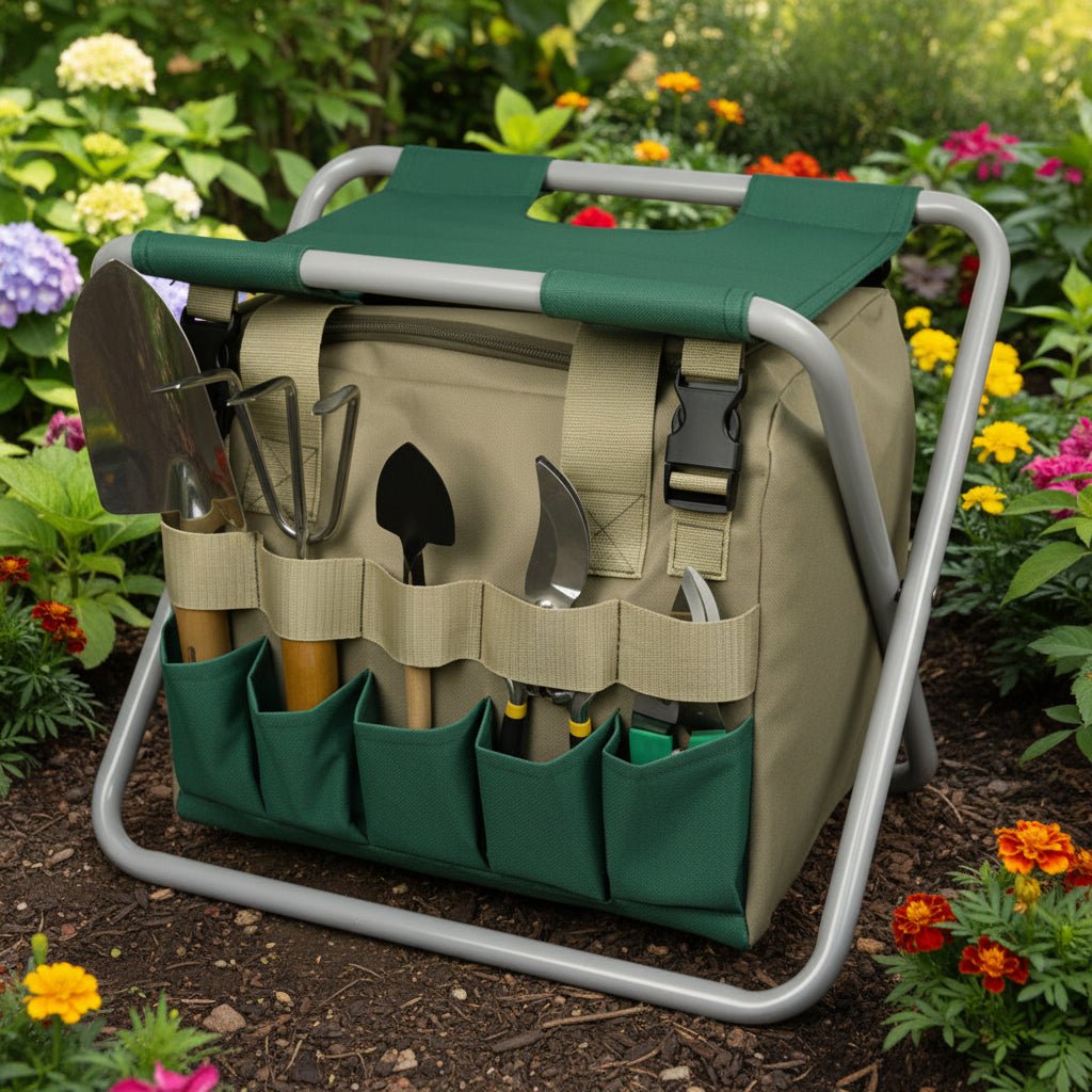 Compact Garden Gear Ensemble | Portable Stool & Tool Carrier
