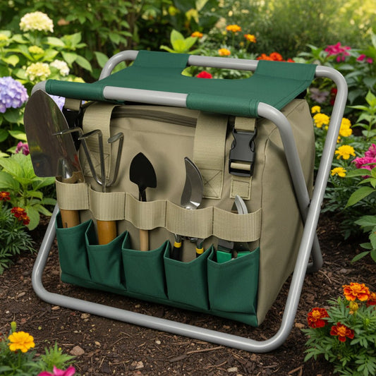 Compact Garden Gear Ensemble | Portable Stool & Tool Carrier