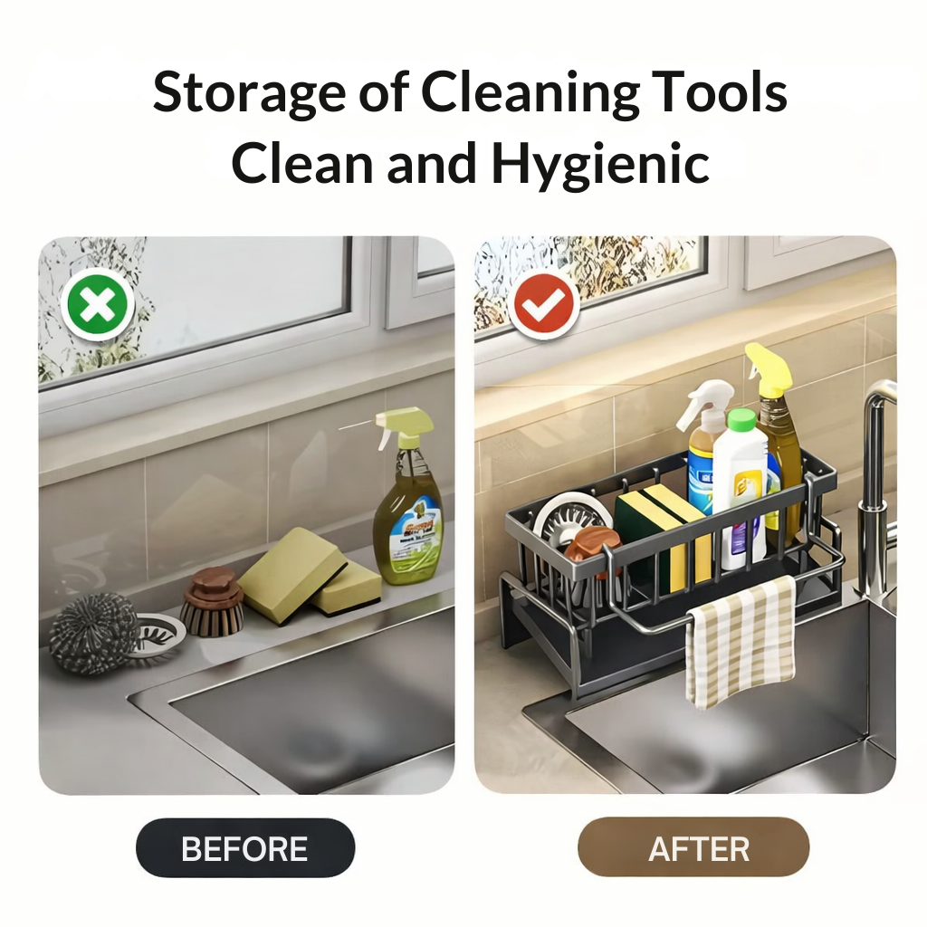 Sleek Kitchen Sink Organizer | Rust-Resistant | With Towel Holder | AquaShelf