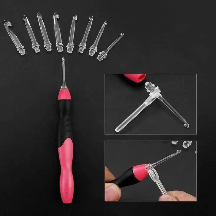 Illuminated Crochet Hook Set | Light-Up Tip | Interchangeable Heads