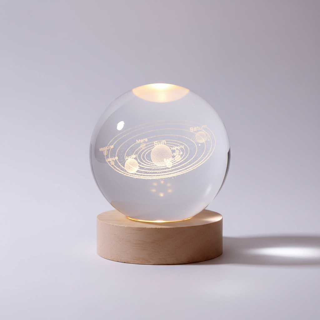 3D Planet Design Table Lamp – Wooden Spherical Lamp with Warm LED Light