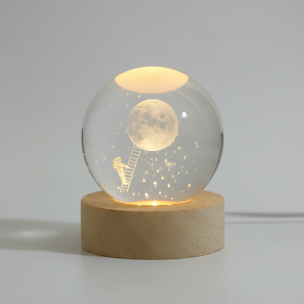3D Planet Design Table Lamp – Wooden Spherical Lamp with Warm LED Light