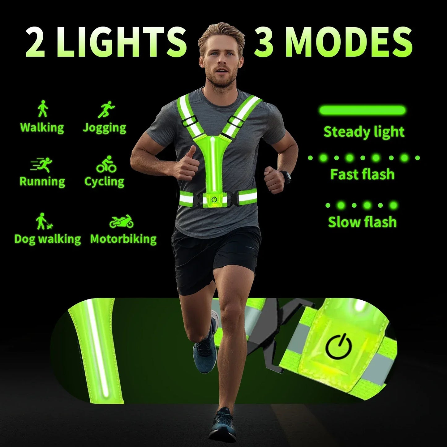 Rechargeable LED Safety Vest for Running with Reflective Strips