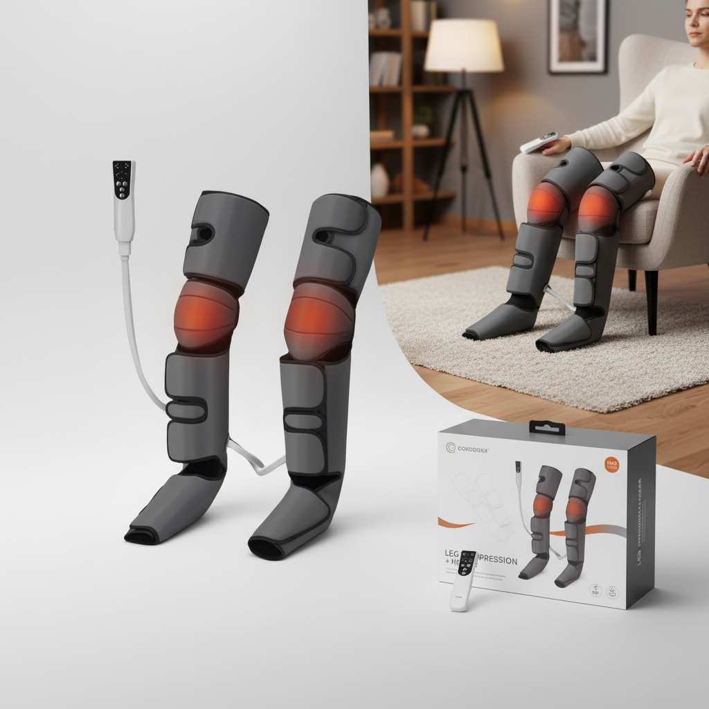 Air Compression Leg Massager with Heat – Full Foot, Calf, Thigh Wraps, 3 Modes & Intensities
