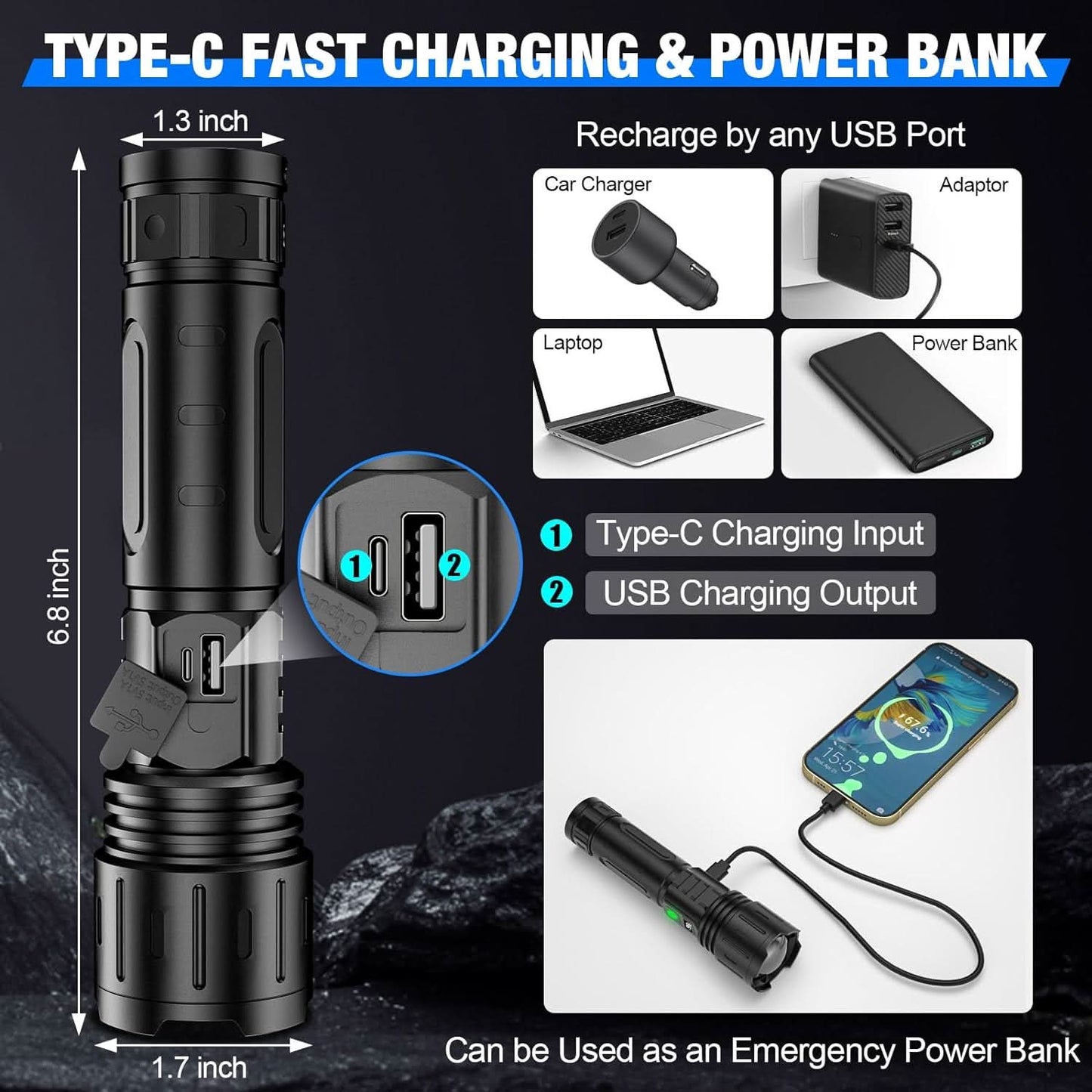 Tactical Rechargeable Flashlight with Enhanced Visibility