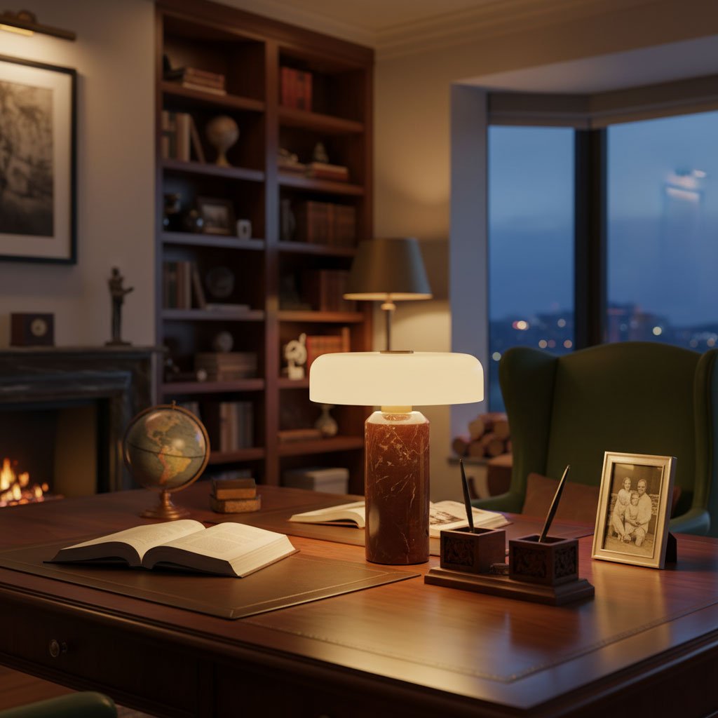 Marble Table Lamp with Opaline Glass and Brass Detailing for Nightstands