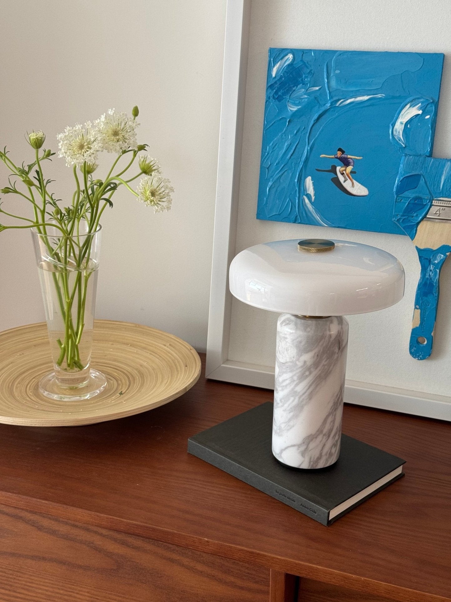 Marble Table Lamp with Opaline Glass and Brass Detailing for Nightstands