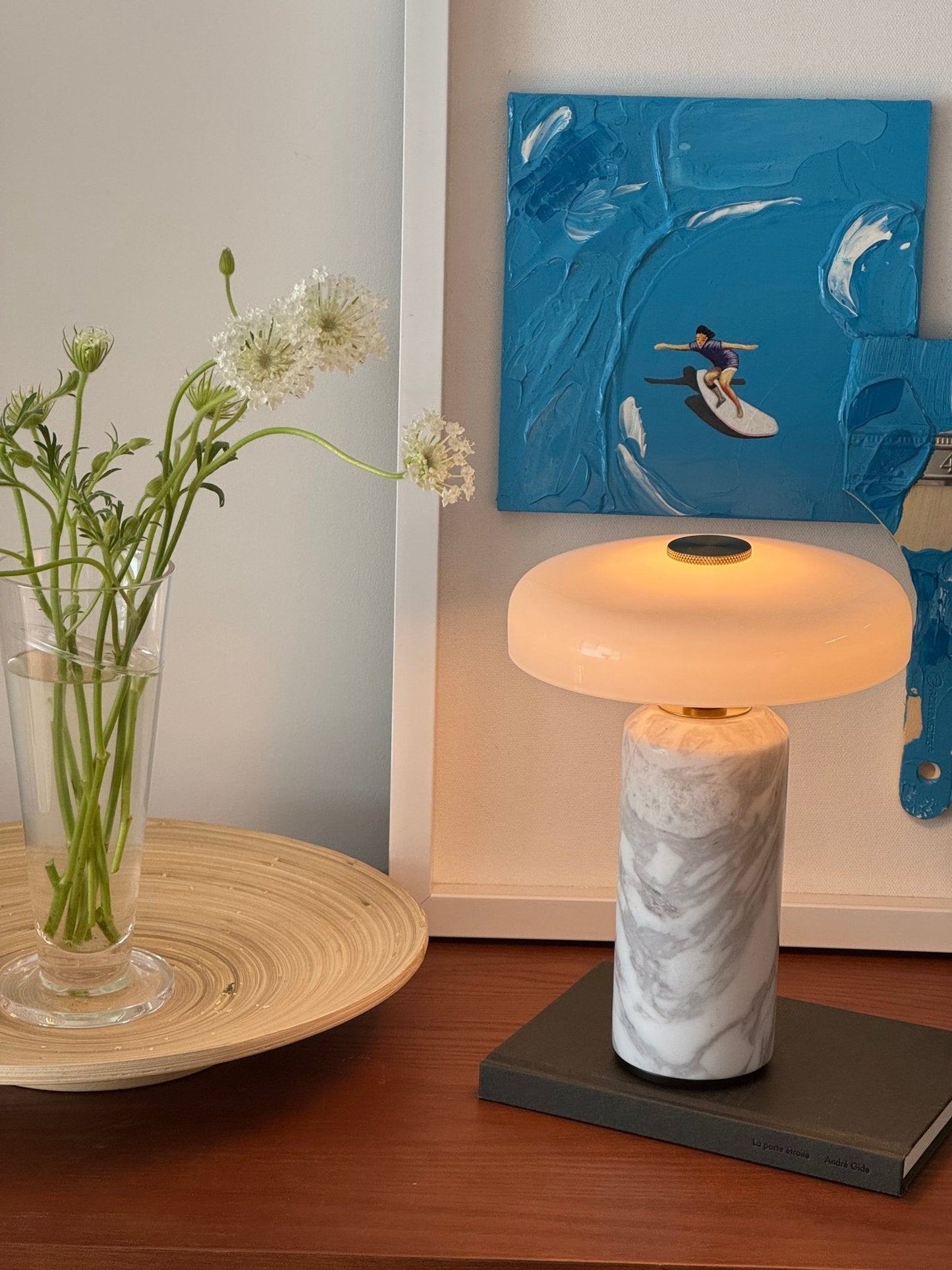 Marble Table Lamp with Opaline Glass and Brass Detailing for Nightstands