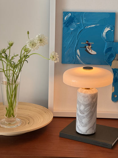 Marble Table Lamp with Opaline Glass and Brass Detailing for Nightstands