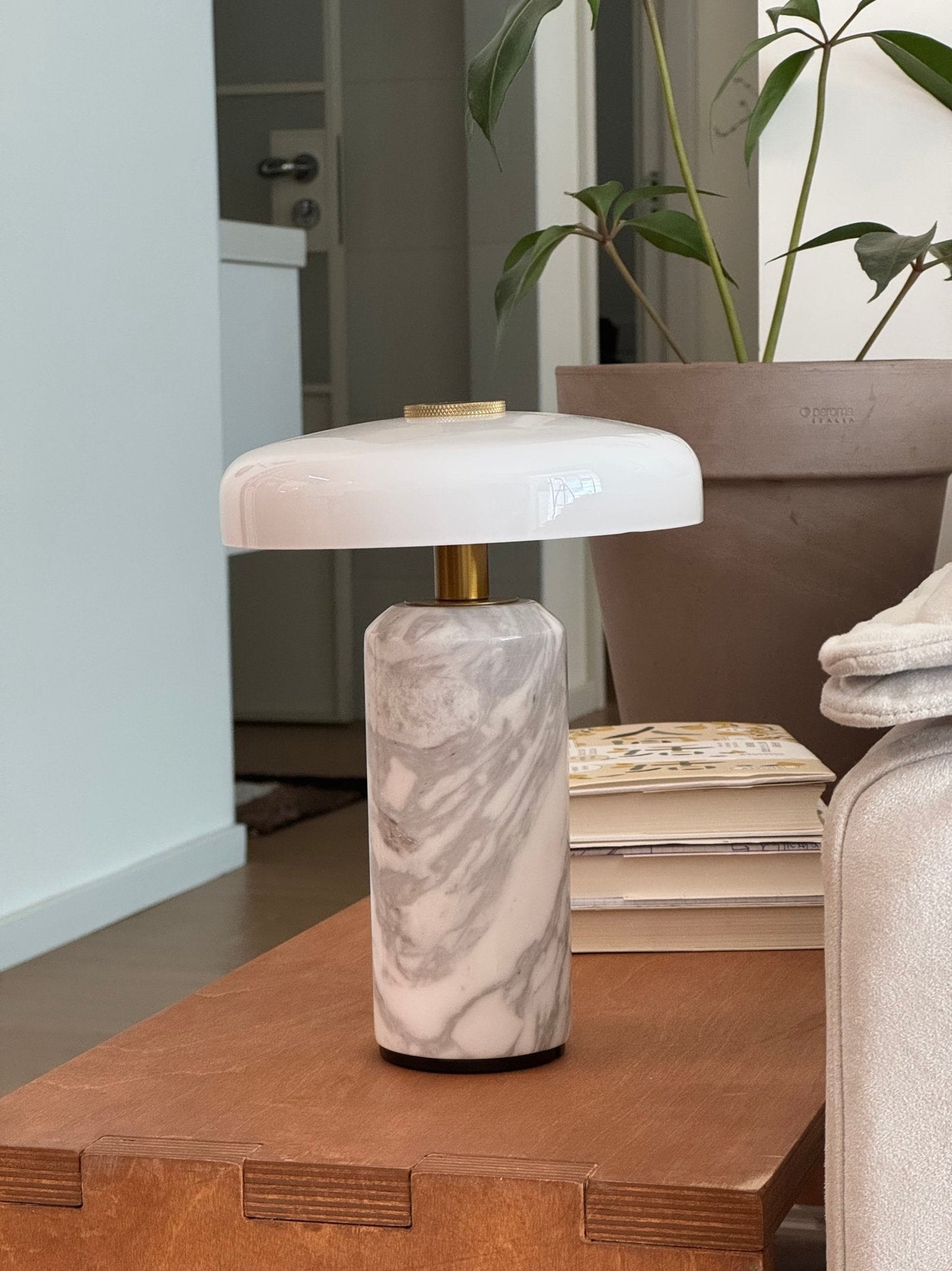 Marble Table Lamp with Opaline Glass and Brass Detailing for Nightstands