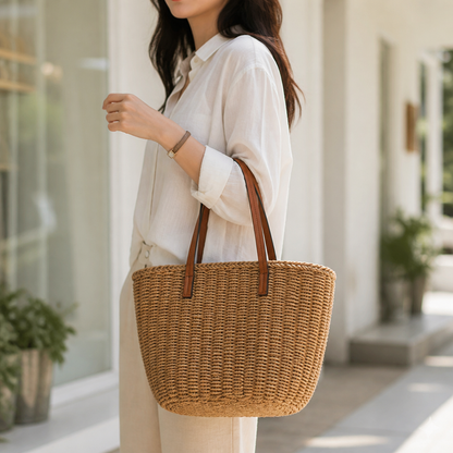 Eco-Friendly Woven Tote with Chic Leather Handles